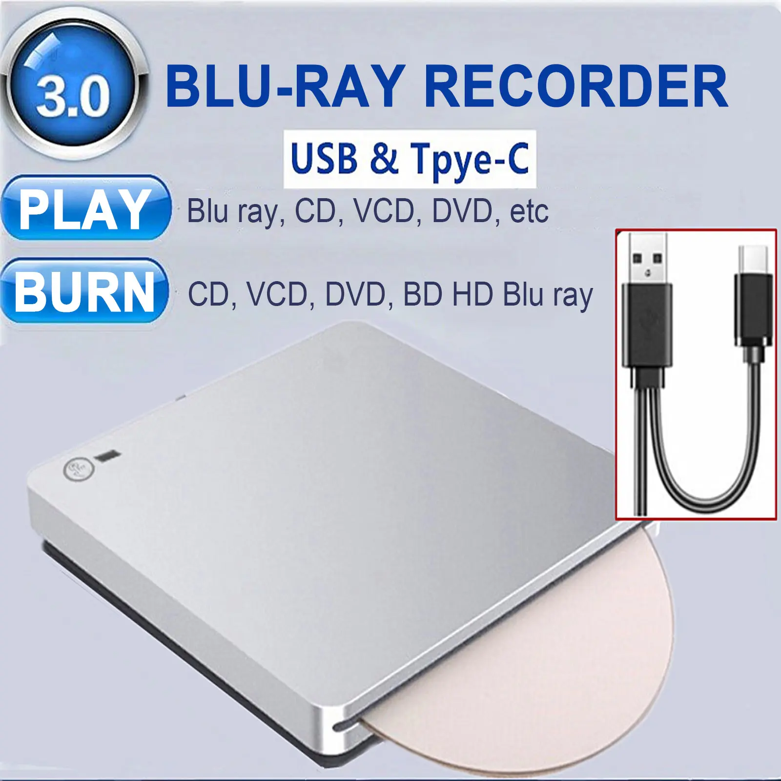 4K Genuine Burner External USB 3.0 Player DVD CD BD Recorder Drive Silver