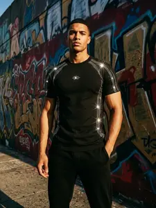 Men's Rhinestone T-Shirt, Y2K Street Style Sparkling Diamond Pattern, Hip Hop Sequins Short Sleeve Top, Gothic Punk Luxury Casual Shirt