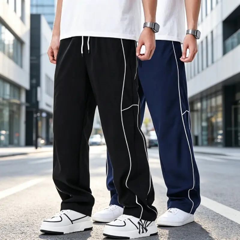 Men's Retro Wide-Leg Drawstring Athletic Pants - Elastic Waistband, Side Stripes, Smooth Breathable Fabric, Relaxed Fit, Athleisure Fitness Bottoms, Sports Trousers, Workout Jogger Pants, All-Season Wear