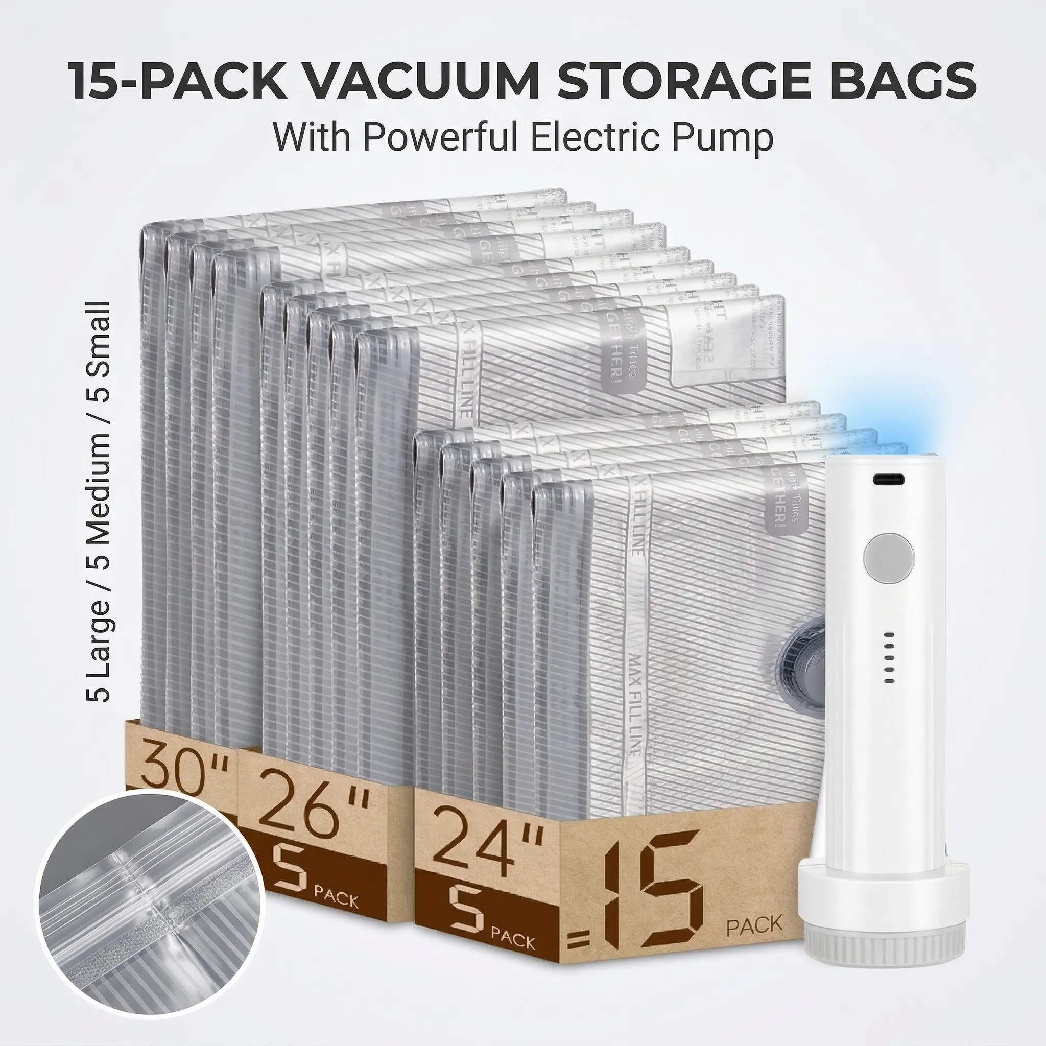 Eco-Friendly Travel Vacuum Compression Garment Bags (9/15 Pack with Electric Pump) - 3 Sizes Stripes PP Plastic Space Savers, Transparent Plastic Storage for Clothing, Travel Luggage, Down Comforters, Home Organization Ideas