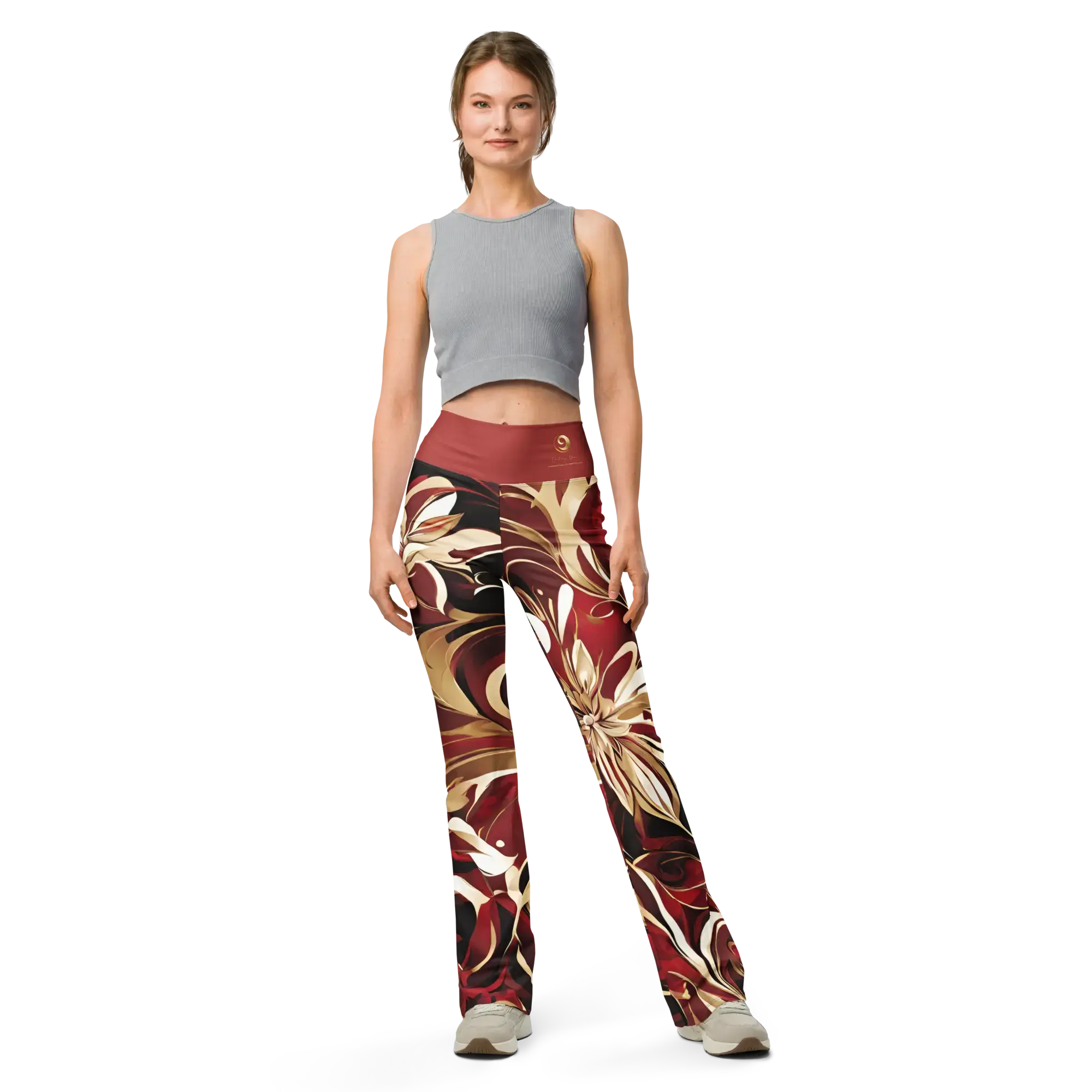 Chaitanya Abara Red, Maroon and Gold Abstract Floral Flare leggings