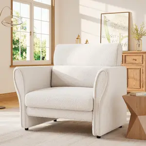 Modern Deep Seat 2-Seater Sofa - Beige Boucle Upholstery, Removable Lumbar Pillows, High Backrest, Faux Lambskin - Perfect for Living Room, Bedroom, Office