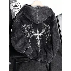 Men's Zipper Cardigan Sweatshirt, Gothic Totem Pattern, Casual Loose-Fitting Graphic Print Hoodie, Spring & Fall Fashion Cotton Pullover