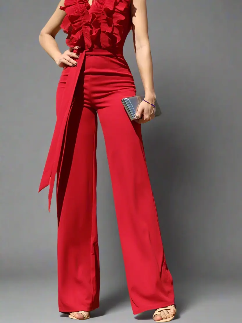 Women's Red Polyester Statement Jumpsuit, Sleeveless Design with a Front Tie Detail for Special Occasions and Date Nights
