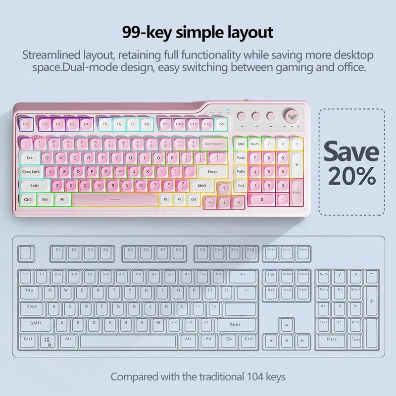 AULA F3099 three-mode, 99-key layout, light tone keys, cool RGB lighting effect, multi-function knob, ergonomic design, long battery life, compatible with computers, notebooks, mobile phones, membrane keyboard, Rgb Backlit Keyboard