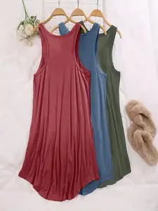 [Plus Size] Solid Color Tank Cami Nightdress, Casual Comfy Loose Fit Round Neck Sleeveless Nightgown for Women, Women's Sleepwear for All Seasons Loungewear