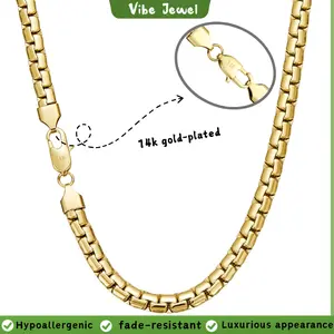7mm Flat Bead Chain Necklace 14K Gold Plated – Chunky Flat Link Chain for Women Layering Jewelry 20in 24in Anti-Tarnish