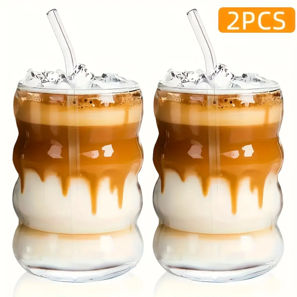 Set of 2 Creative Wavy Ripple Glass Cups with Straws, Retro Bubble Drinking Glasses, Cute Unique Cold Drink Tumblers for Iced Latte Juice Cocktail Beer Wine Champagne, Perfect for Home Kitchen Party Bar