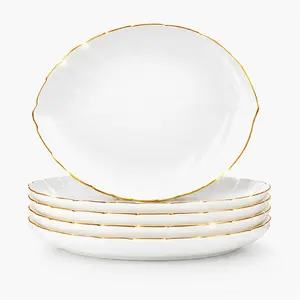 4pcs Luxury Gold Rim 9inch Leaf Plate Elegant Opal Glass Dinner Plate Unique Leaf Shape Serving Plate Premium White Tableware Dessert Salad Pasta Plate Stylish Kitchen Dining Decor