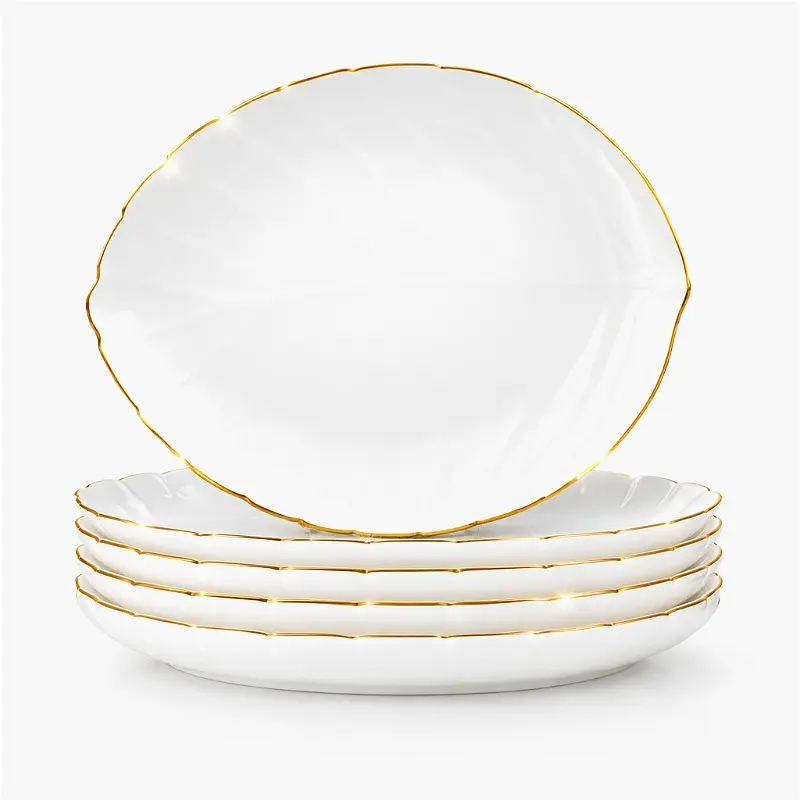4pcs Luxury Gold Rim 9inch Leaf Plate Elegant Opal Glass Dinner Plate Unique Leaf Shape Serving Plate Premium White Tableware Dessert Salad Pasta Plate Stylish Kitchen Dining Decor