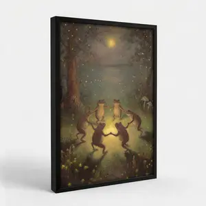 Vintage Gold Framed Frog Wall Art,Frogs Dancing in Moonlight Forest Painting Canvas Prints,Whimsical Animal Wall Decor,Retro Country Toad Poster Artwork,for Corridor Living room Bedroom Kitchen