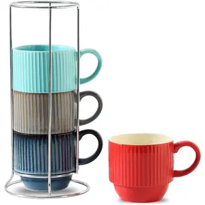 Coffee Mug Set of 4 with Holder - 12 oz Stackable Large Ceramic Ribbed Latte Cup Set for Cappuccino, , Hot Cocoa, Drinks - Dishwasher & Microwave Safe Multi color