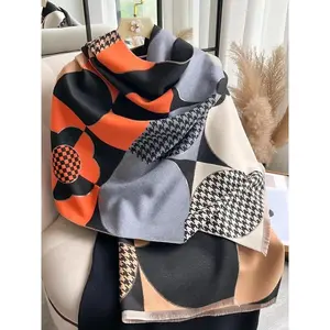 Boho Style Houndstooth Pattern Fringe Trim Design Scarf, Casual Soft Warm Shawl for Fall & Winter, Fashion Accessories for Women & Men