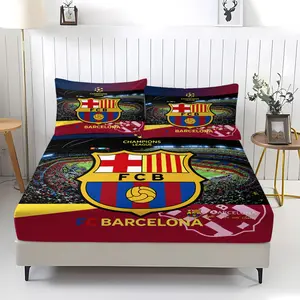 Barcelona Football Club Pattern Bed Sheet, Fitted Sheet Set, Comfortable Printed Pattern, Includes 1 Bed Sheet and 2 Pillowcases, Comfortable Bedding, Non slip Dust Cover Suitable for Bedrooms and Rooms, Suitable for Children or Adults as Gifts