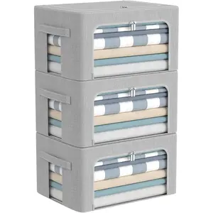3Pack Foldable Storage Bins - Frame Storage Box Linen Fabric Stackable Clothes Container Organizer with Clear Window & Carry Handles Large Capacity (Small-22L, Light Grey)
