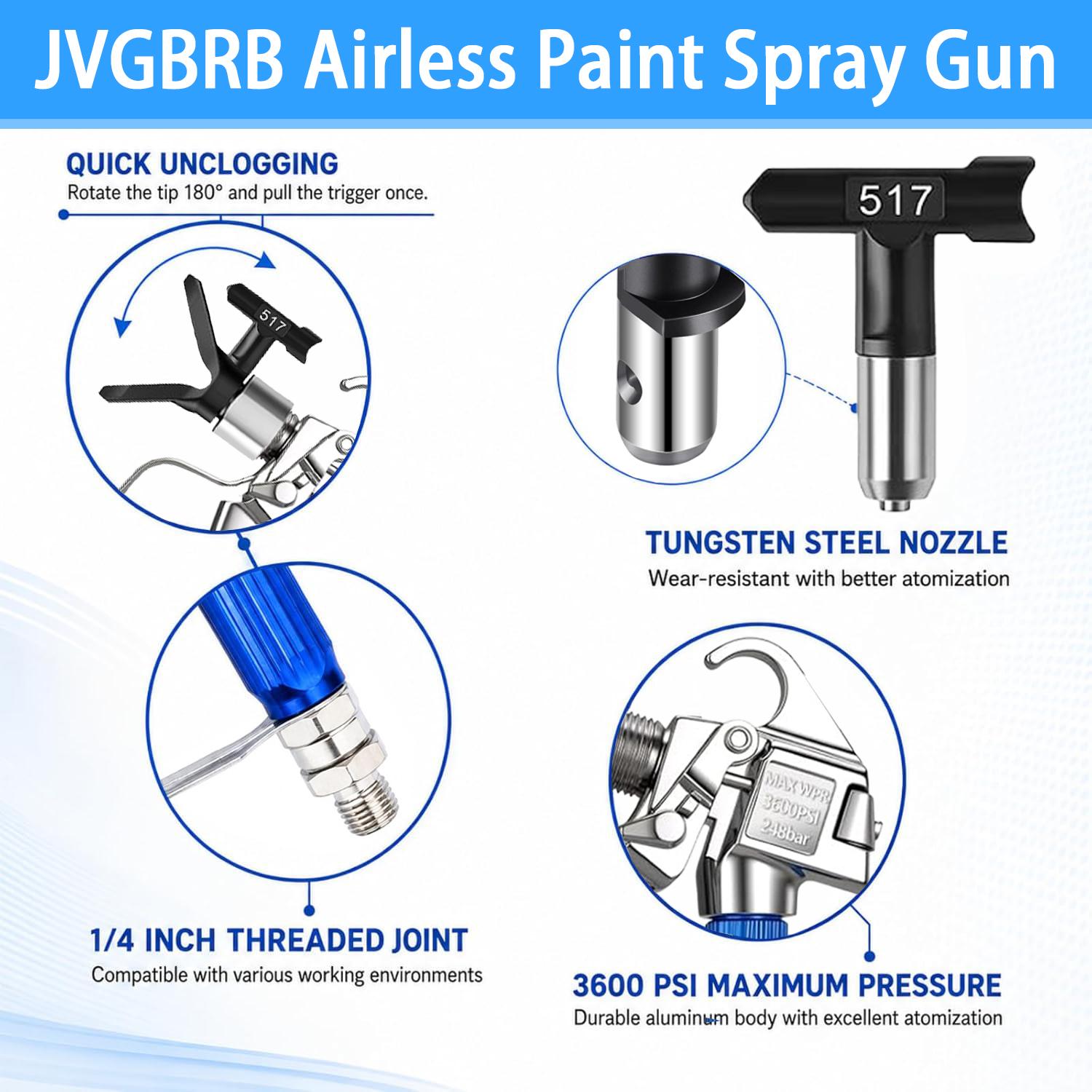 JVGBRB 17Pcs Metal Airless Paint Sprayer Gun Full Kit for DIY Hardware Accessories - 3600PSI Airless Gun, 32Ft High Pressure Hose, 5Pcs Reversible Tips, 2Pcs Extension Rod, 5Pcs Filters, 2Pcs Nozzle Seat, 1pcs 1/4-inch Double-ended Male Thread Nipple, Alu