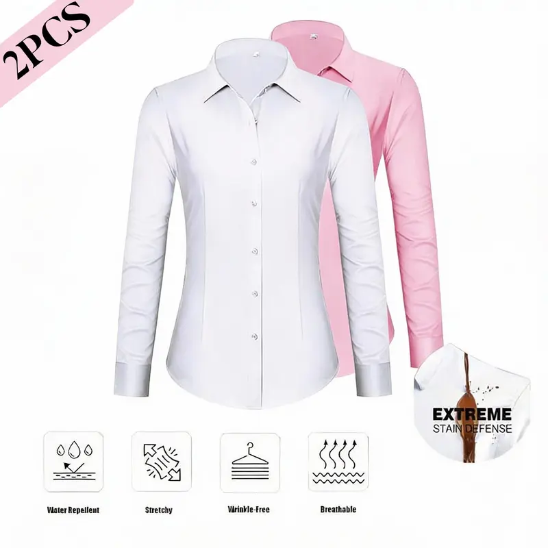 2-Pack Siliteelon Womens Stain Shield Dress Shirts Wrinkle Free Long Sleeve Solid Tops Blouses Button Down Shirts Casual Wear  Womenswear tiktokshopspringglowup