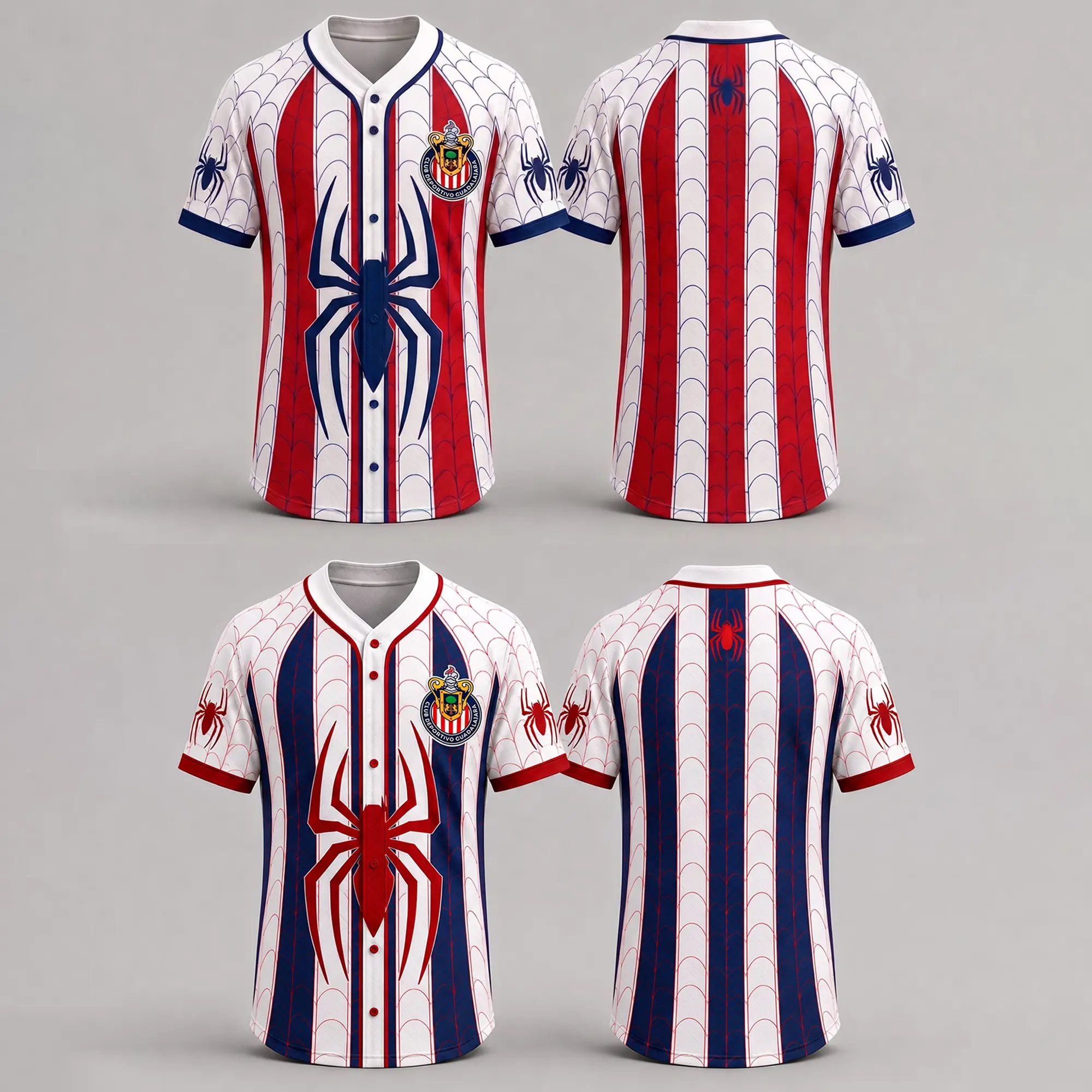 Men's Red White Blue Spider Web Baseball Jersey, All Over Print Button Up Sports Shirt, Spider Graphic Game Day Top, Short Sleeve Fan Jersey