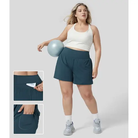 Halara Super High Waisted Back Pocket & Side Hidden Pocket 2-in-1 Yoga Plus Size Shorts 5''-Longer Length