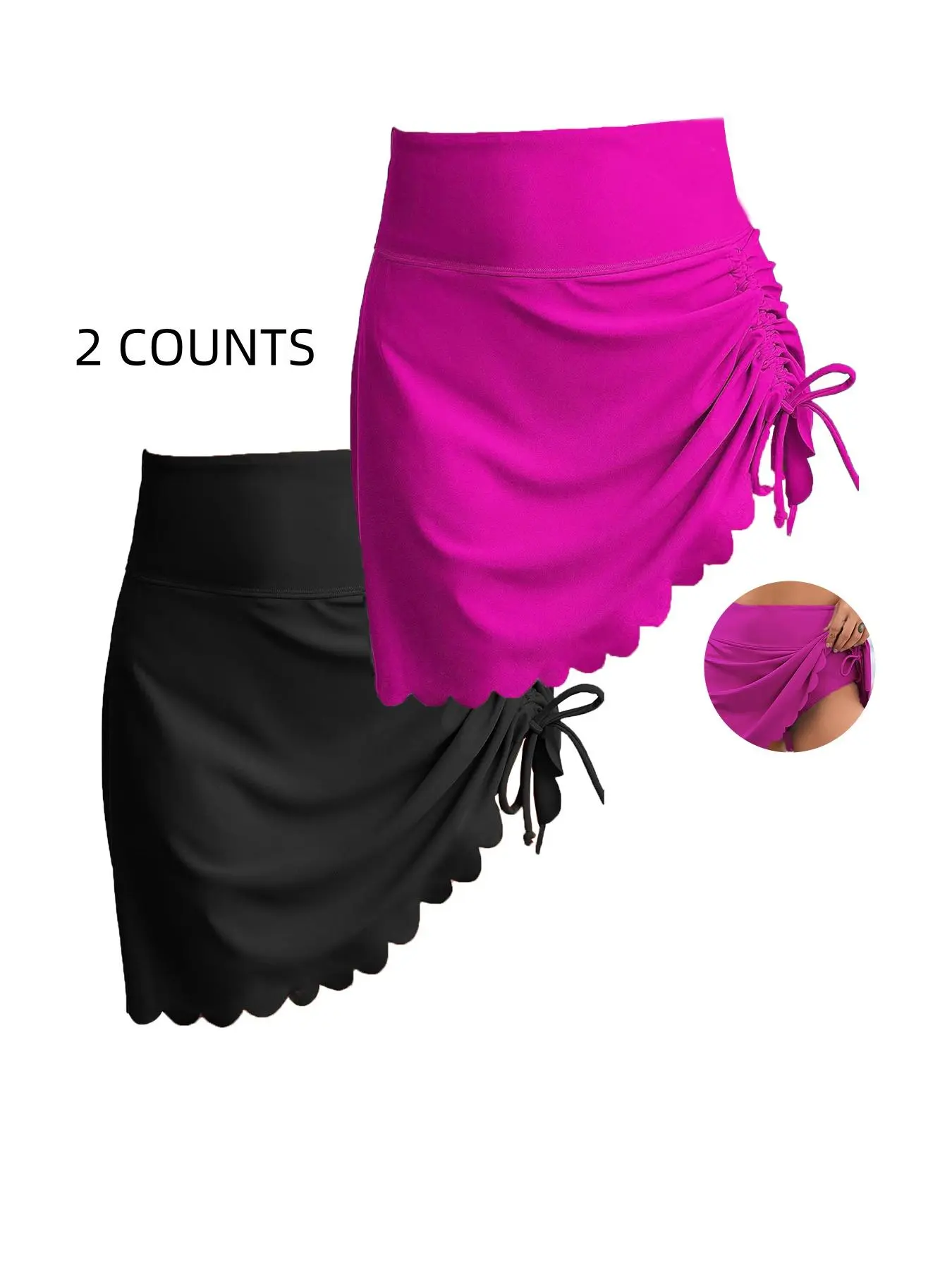 Women's Solid Color Scallop Trim Asymmetrical Hem High Waist Swimsuit Skirt with Built-In Shorts, Skirts with Shorts Underneath, High Stretch Drawstring Swim Bottoms for Beach Holiday, Ladies Swimwear