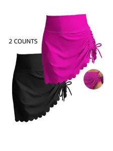 Women's Solid Color Scallop Trim Asymmetrical Hem High Waist Swim Skirt with Built-In Shorts, High Stretch Casual Fashion All-Match Drawstring Swim Bottoms for Beach Holiday Vacation, Ladies Swimwear for All Seasons