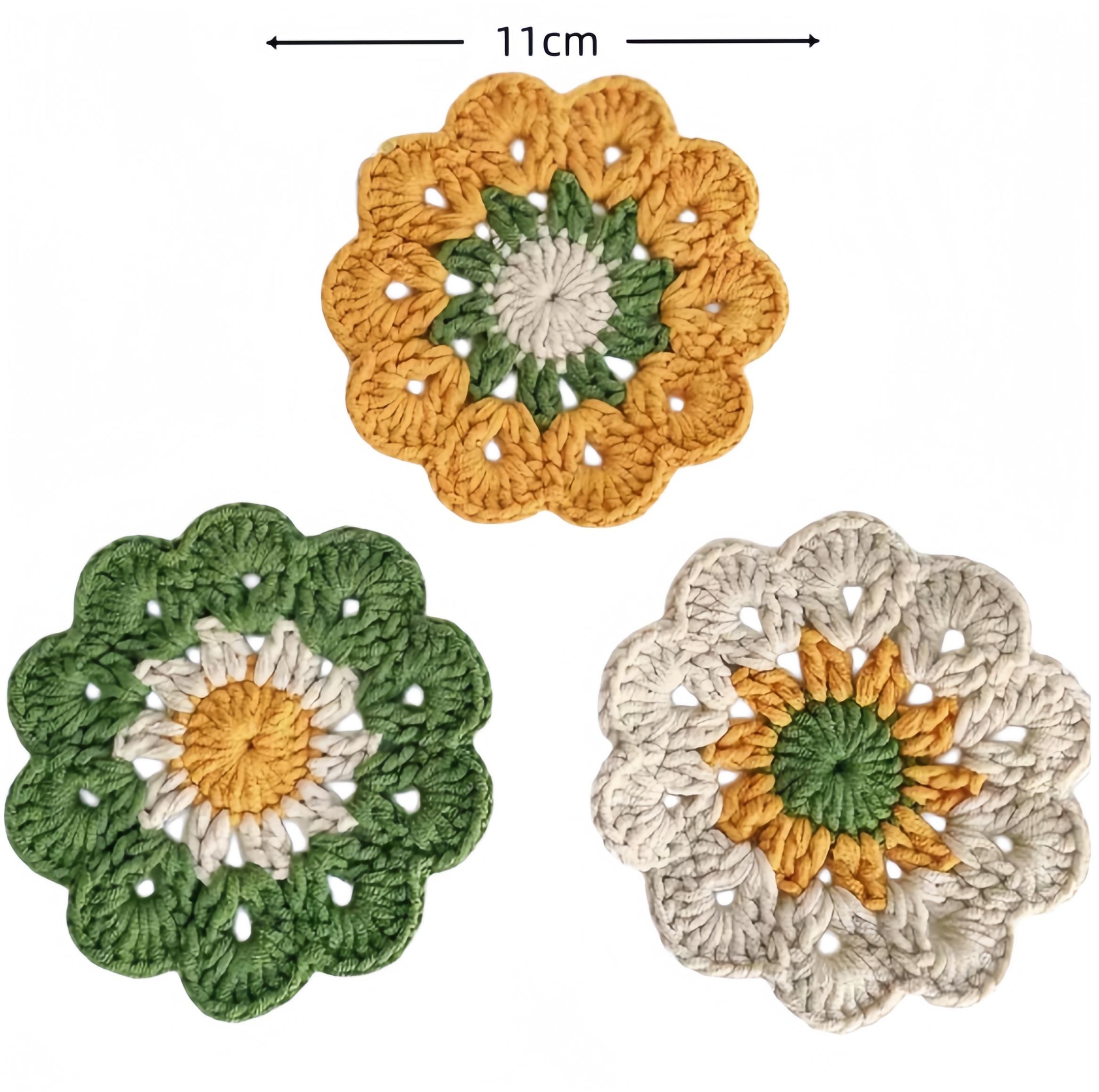 3PCS Handmade Crochet Flower Decorative Coasters, Boho Floral Cotton Knit Non-Slip Cup Mats, Handwoven Aesthetic Table Decor for Home Kitchen Coffee Tea Use, Decorative Coaster, Coasters For Drinks, Colorful