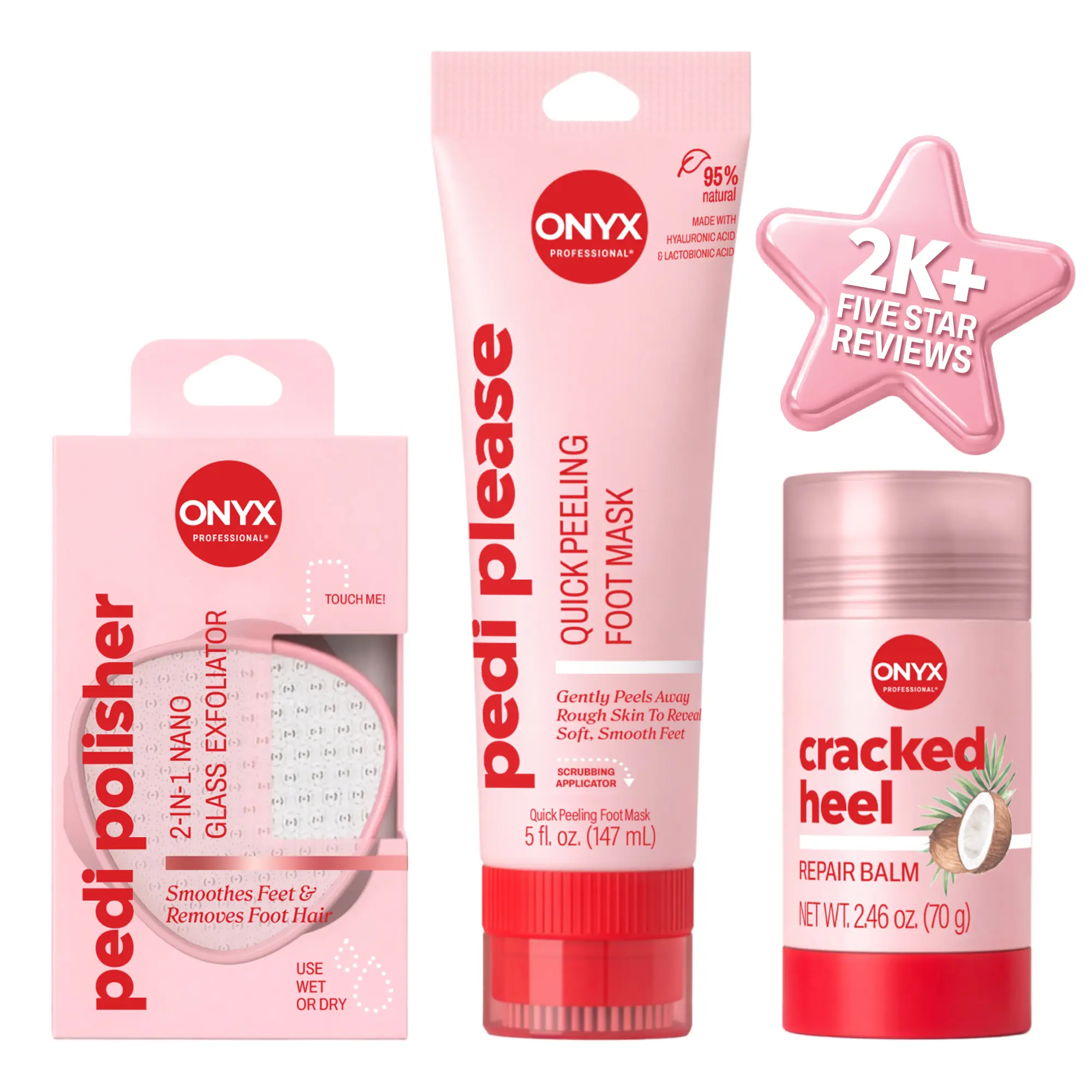Onyx Professional 3-Step Foot Facial | Includes 3 Products to Smooth, Soften & Moisturize Dry & Callused Feet with Pedi Please Exfoliating Mask, Pedi Polisher Hair & Dry Skin Removal, & Cracked Heel Balm