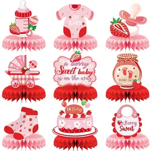 9Pcs Strawberry Baby Shower Decorations, Berry Sweet Baby Shower Honeycomb Centerpieces, Sweet One First Birthday Party Table Decor for Girls, Pink and Red Berry Themed Party Supplies