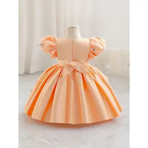 2025 New Princess Tutu Hostess Dress Peach Print Puff Sleeves Bow Belt Ruffled Skirt Weddings Pageants Guest Attire Nonstretch