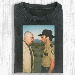 Walter White Rick Grimes Stare Down Vintage T-Shirt, Breaking Bad Walking Dead Crossover Meme Graphic Tee, Retro Heisenberg Sheriff Face Off Streetwear Comfort, Tv Legend Shirt, Boyfriend Gift