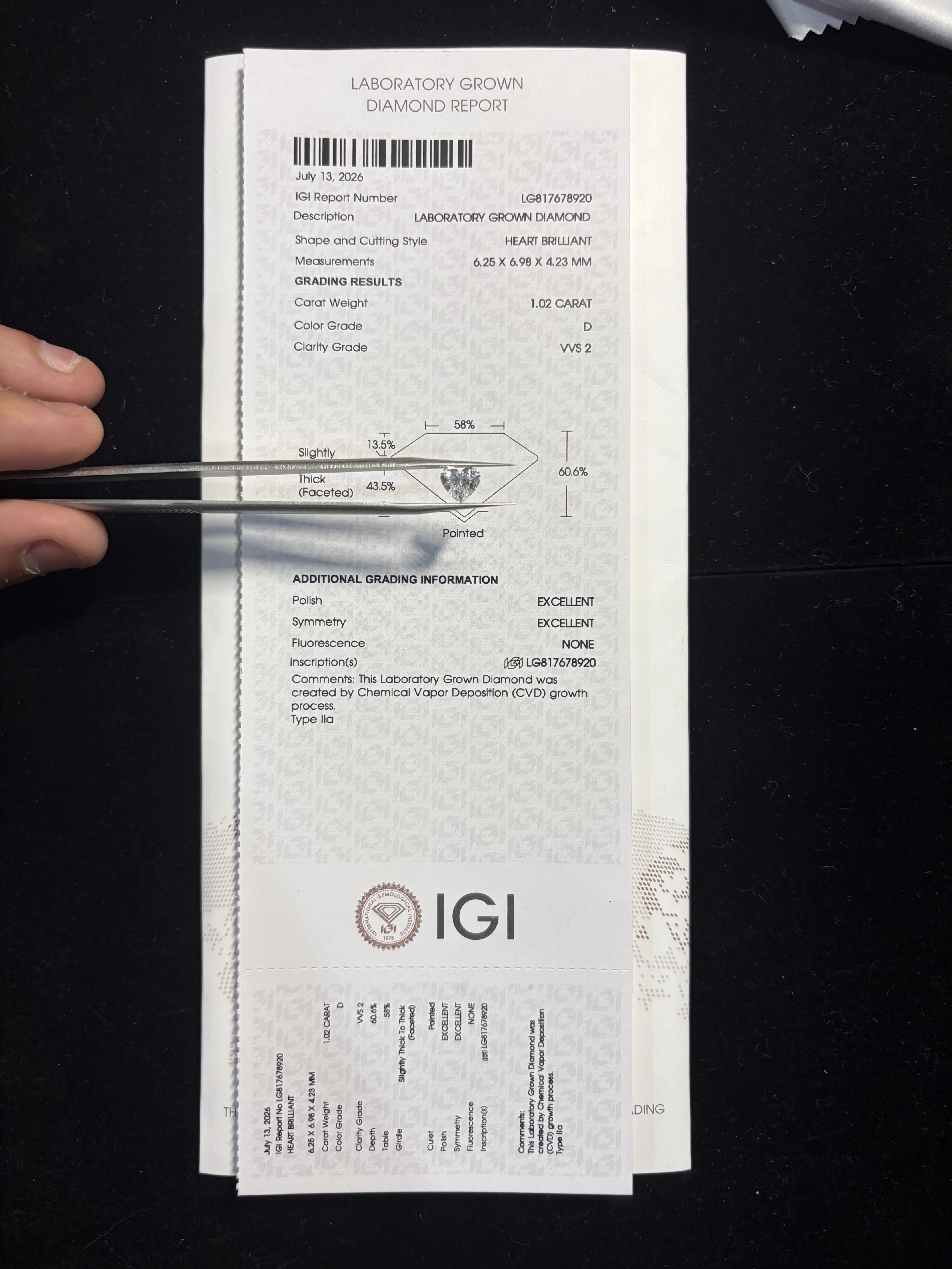 1.02 CT D VVS2 Lab-Grown Diamond – IGI Certified