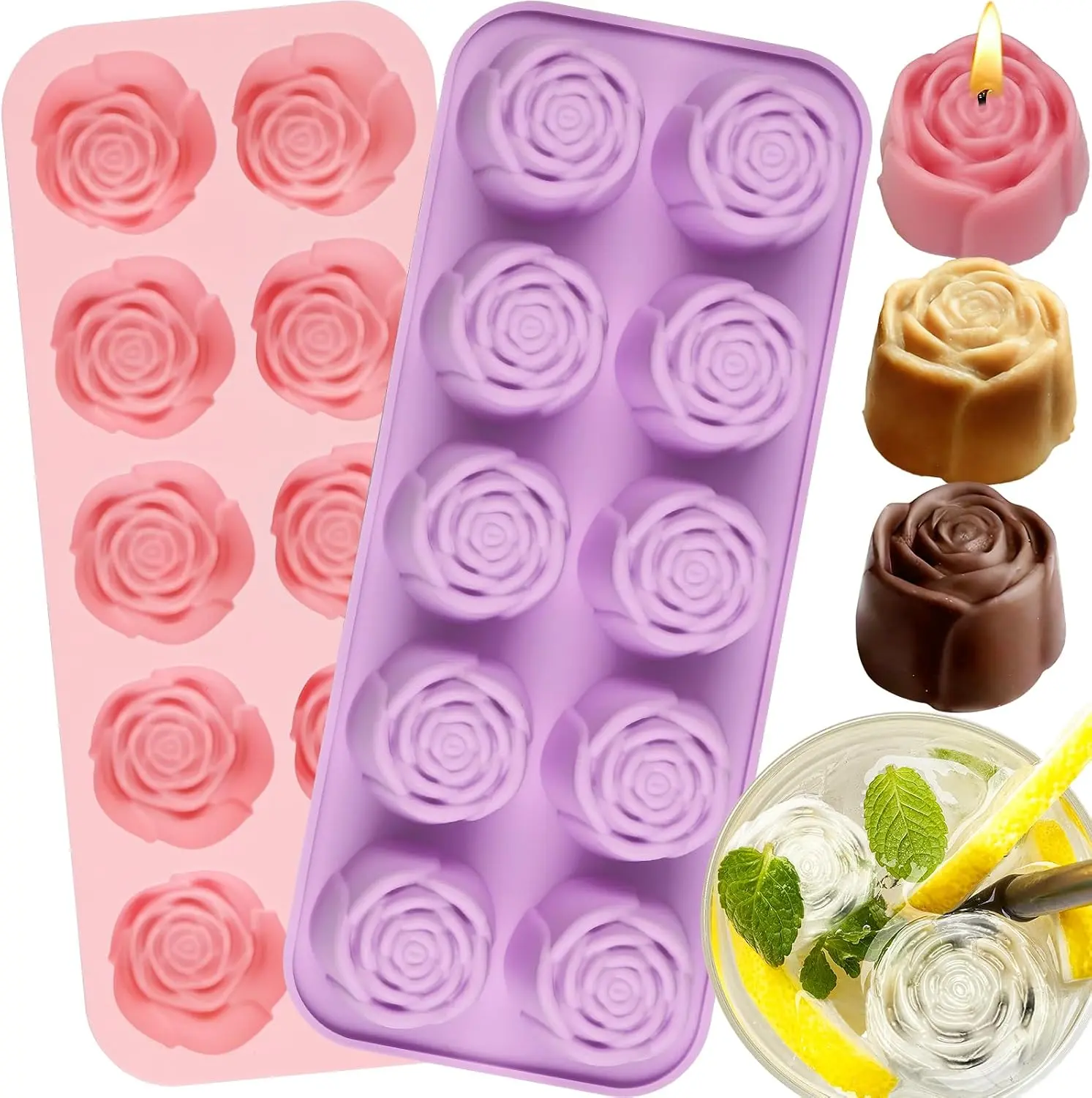 2 pcs 10 cavity rose silicone mold set, suitable for home baking or DIY enthusiasts, used for making chocolate, jelly, ice cubes, handmade soap or candles, reusable