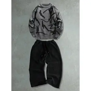 Unisex Street Casual Knit Sweater Long-Sleeve Top & Printed Pants Two-Piece Set, Autumn/Winter Loose Fit Fashion