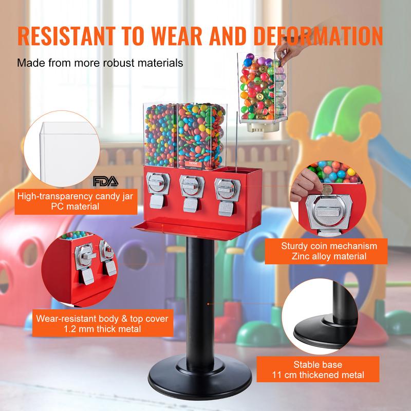 VEVOR Commercial Vending Machine,  , Triple Compartment Candy Dispenser with Iron Stand, Gumball and Candy Machine for Business, Coin Operated Gumball Bank for Toy Capsules Bouncy Balls Candy Nut, Red
