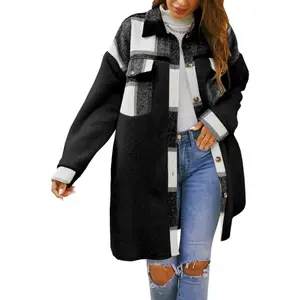 Womens Winter Coats Fuzzy Fleece Jacket Shacket Plaid Lapel Button Down Flannel Shirt Lightweight Outwear