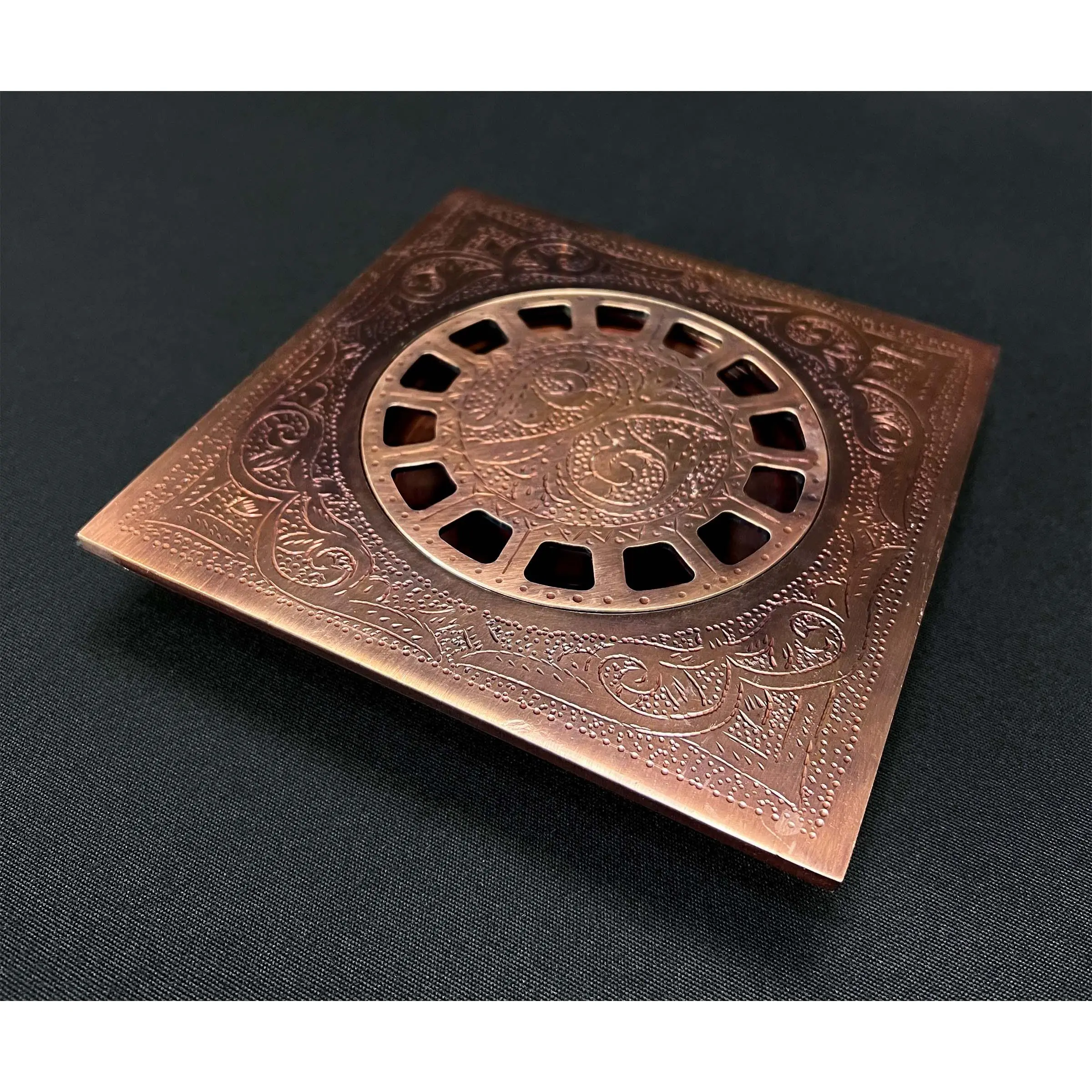 Engraved Brass Floor Drain with Copper Finish