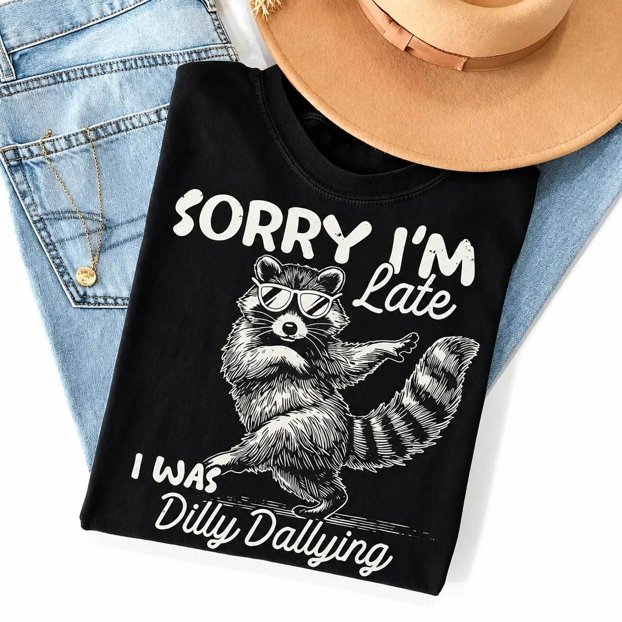 Funny Raccoon "Sorry I'm Late I Was Dilly Dallying" Short-Sleeve Round Neck Casual Sports Top - Sarcastic Humor Tee, Cute Trash Panda Graphic Shirt, Trendy Meme Gift For Menswear, Women's Wear, Shortsleeve