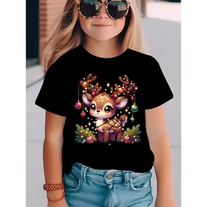 Girls' Christmas & Summer Short Sleeve T-Shirt - Cute Reindeer Lantern & Letter Print with Festive Lights, Red Casual Round Neck Top for Holiday Parties & Casual Attire, Comfortable Knit Fabric, Christmas Shirts for Girls, Seasonal Kids' Clothing