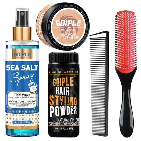 Goiple Men’s 5-Count Beard Care Kit & Hair Styling Set for Adult Men - Alcohol-Free Powder, Coconut-Infused Sea Salt Spray with Natural Sea Salt Minerals, Clay, Shaping Brush, Natural Hold, Textured Styles, For All Hair Types, Increase Personal Charm