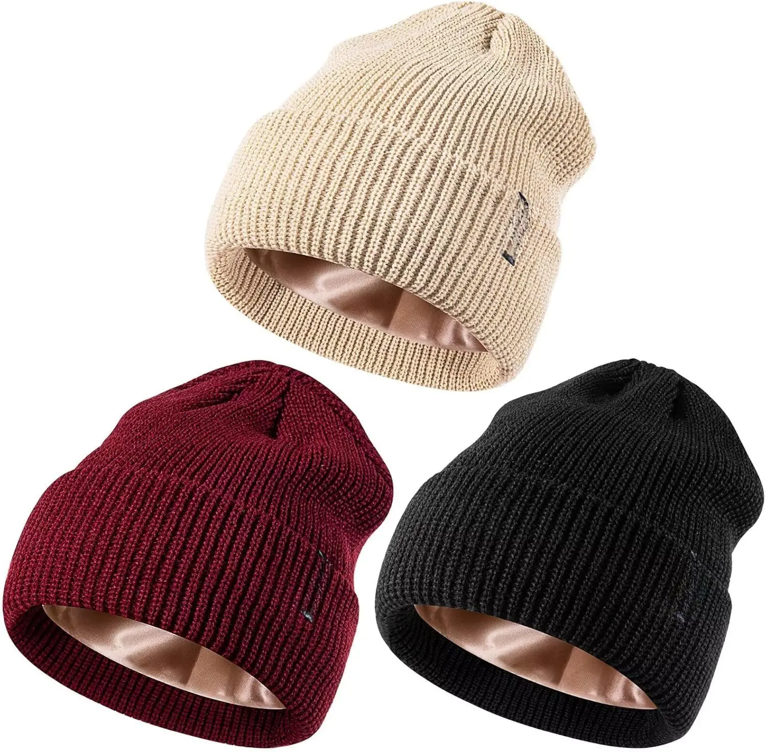 3 Pack Satin Lined Beanie for Women Men, Silk Lined Winter Hats for Cold Weather, Warm  Knit Skull Cap Cuffed Beanies