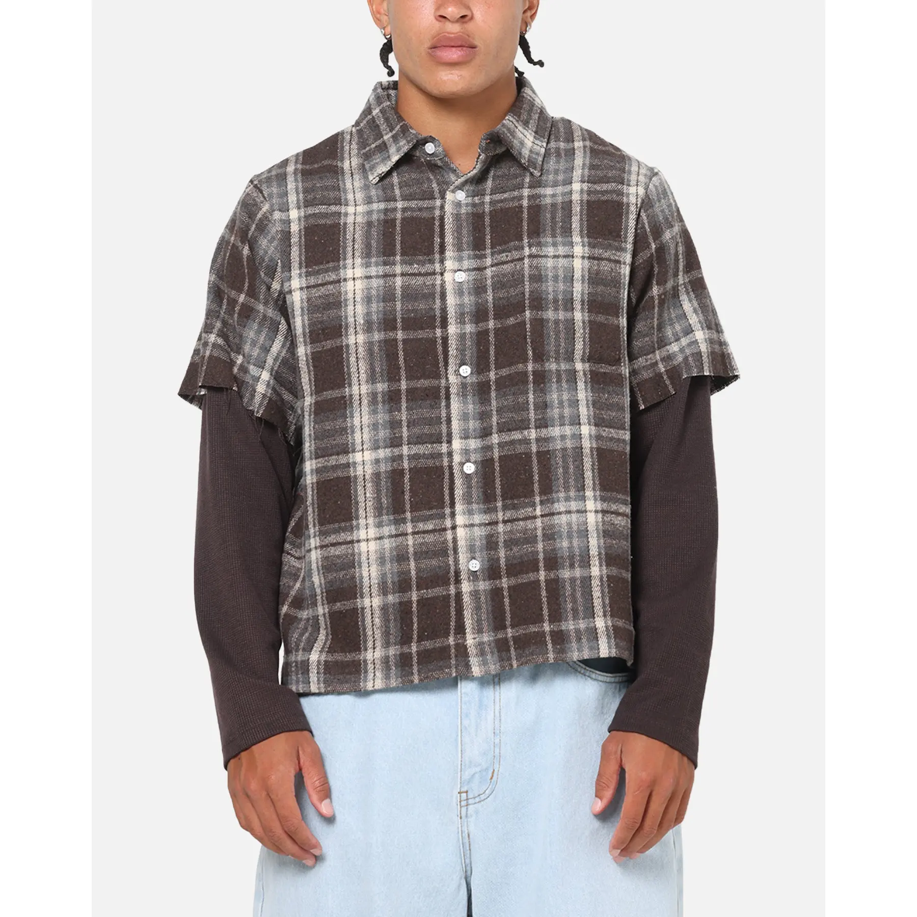 Saint Morta Plaid Layered Long Sleeve Button Up Shirt Brown