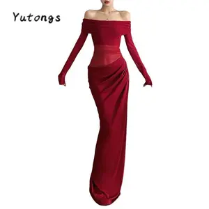 WomenOff-ShoulderDressCasualIrregularSheerMeshPatchworkCutoutLongSleevesDressforCocktailStreetwear