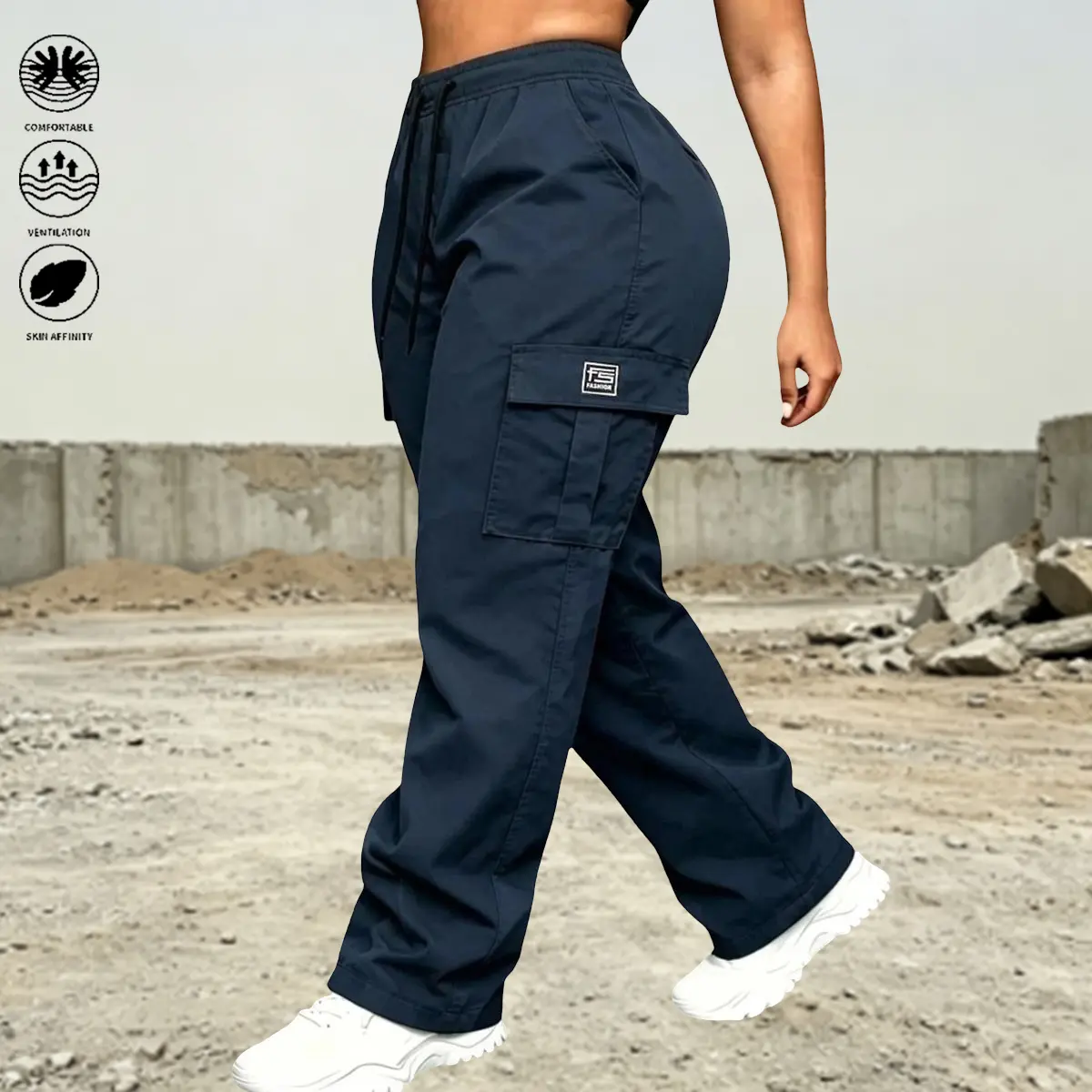 Women’s solid-color cargo pants with an elastic waistband and multiple pockets for convenient storage; suitable for everyday casual wear, outdoor outings, and work outfits. Versatile women’s apparel for all seasons—women’s cargo pants, back-to-school shop