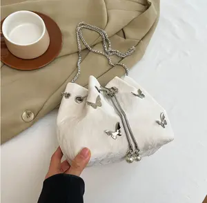 Mini Bucket Bag Vintage Purse Bag Drawstring  Detail Crossbody Handbag for Women with Chain Strap