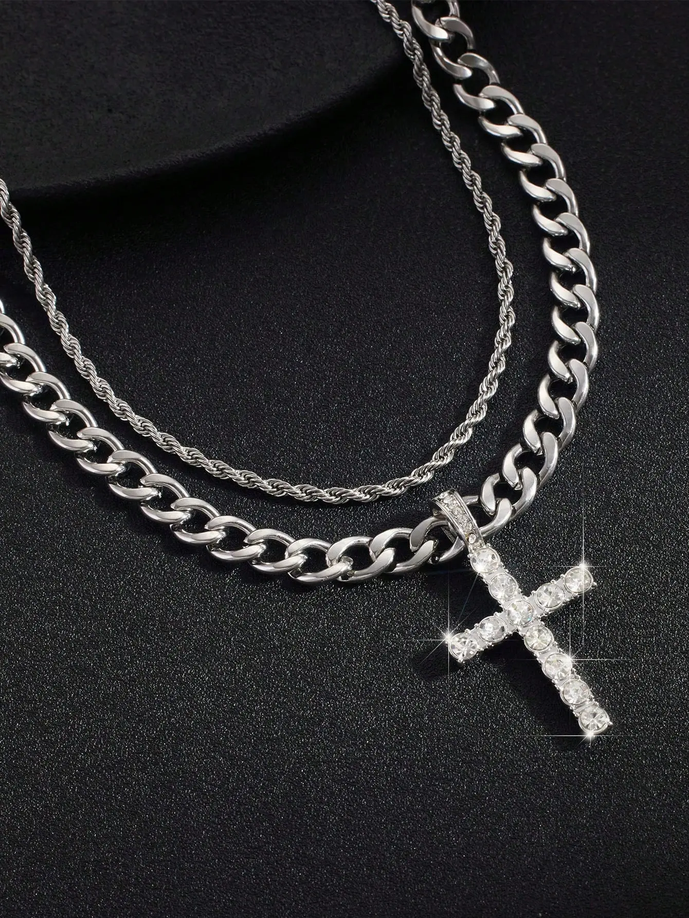 Men's Silver-Tone Iced Out Cuban Cross Necklace - Double Layer Sparkling Rhinestones Pendant with 18" Rope & 20" Cuban Link Chains, Streetwear Statement Jewelry, Trendy Fashionable Accessories, Costume Jewelry Accessory