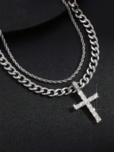 Double Layer Cross Pendant Necklace – Iced Out Hip Hop Jewelry for Men (20"/18") Cuban Link Chain Sparkling Rhinestones Chains Trendy Fashionable Accessories