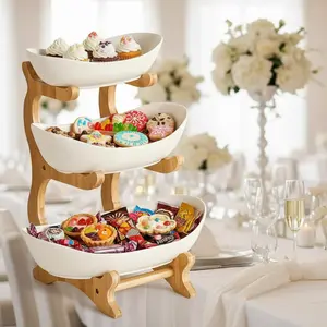 Colorful Fruit Basket Set with Wooden Stand Plastic Bowls Cake Stands Biscuit Plates Candy Buffet Perfect for Weddings Parties Organiser Racks White Rustic 3-Tier Side Table kitchen organization