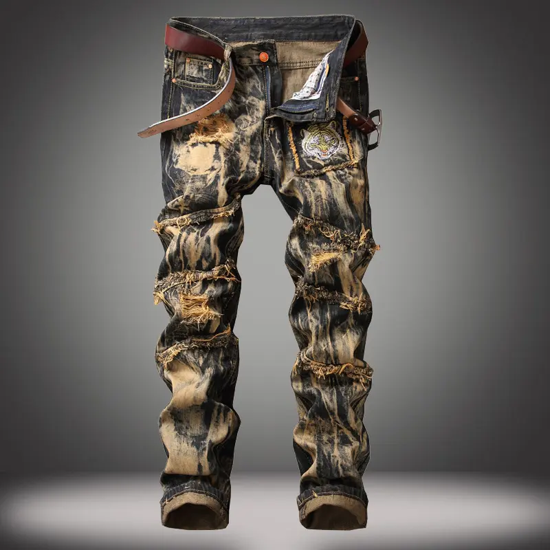 Men's slim straight-leg jeans with tiger head embroidery and vintage look, new for autumn and winter Cargo Denim Casual Streetwear Pants Menswear