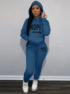 Women's Nope Letter Print Casual Loose Sweatshirt Set, Womenswear Round Neck Long Sleeve Pullover + Drawstring Pants, Comfortable Daily Wear