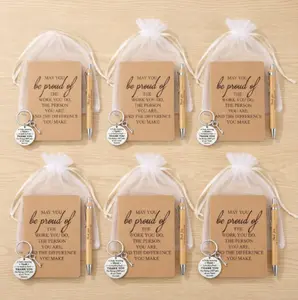 6Pcs Inspirational Positive Gift Set with Keychains & Bamboo Retractable Pens, Thank You Appreciation Bundle for Employee Volunteer Thanksgiving Christmas, Eco Friendly